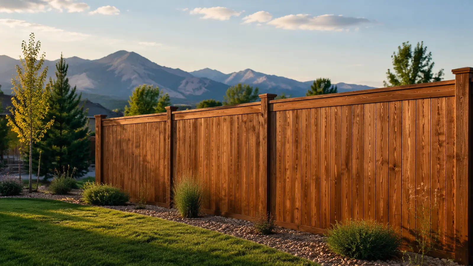 Wood privacy fence with a warm stained finish